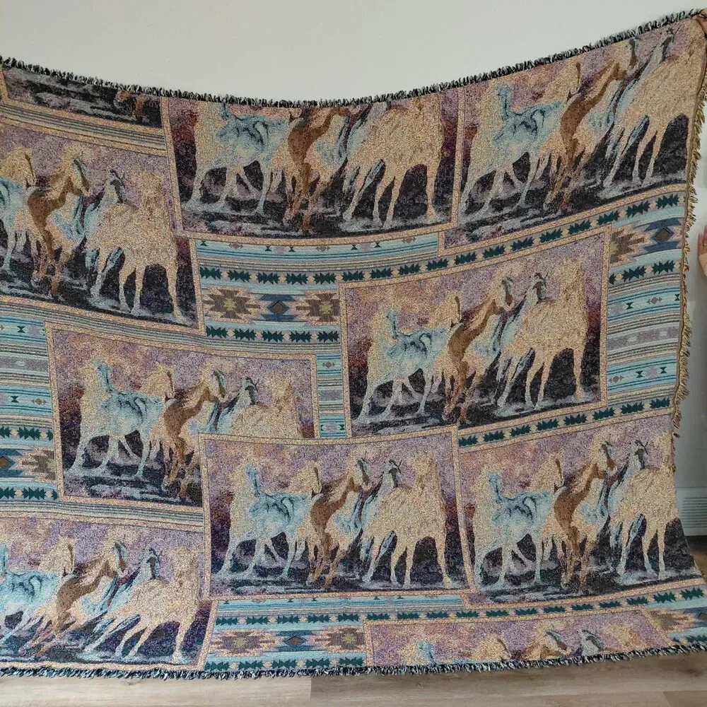 Vintage 90s C. Cummings Horses Fringe Throw Tapestry Blanket 8ft 9